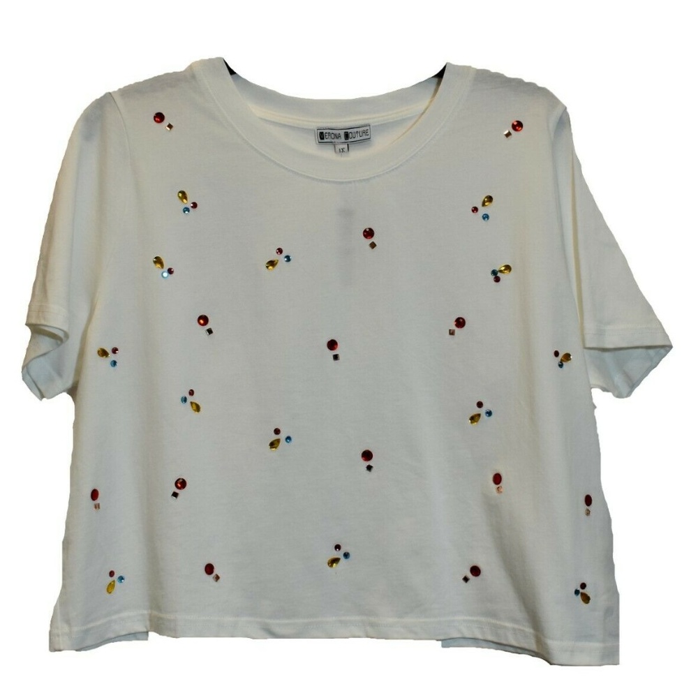 Rhinestone Sparkle Drops Black Crop Tee, Plus Size